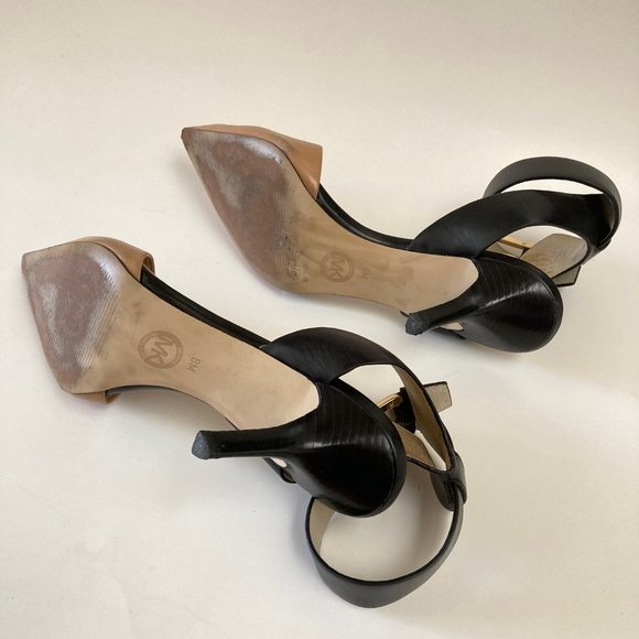 Michael KORS JULIETA Black Tan Leather Wide Ankle Strap Pointed Toe Slingback 8M - Picture 9 of 16